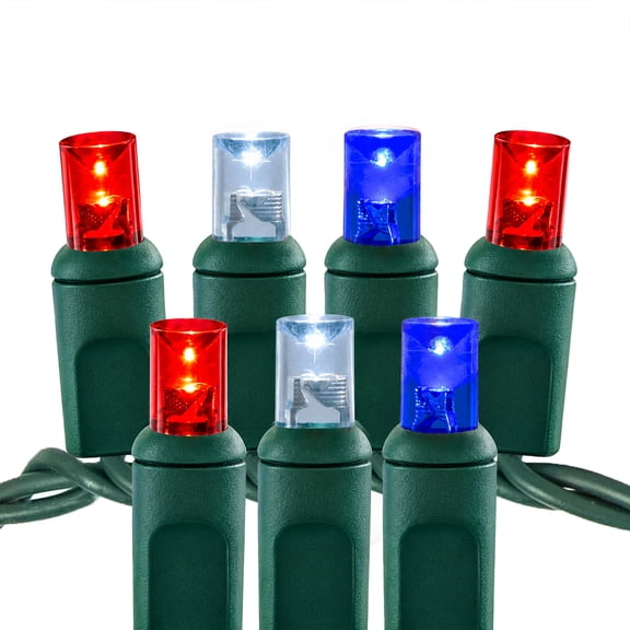 Christmas Designers Wide Angle Conical LED Christmas Lights, Red White & Blue, 50 Bulbs, 25 ft, Indoor/Outdoor