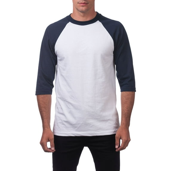 Pro Club Men's Comfort Baseball Tee Crew Neck T-Shirt - White/Navy - Small