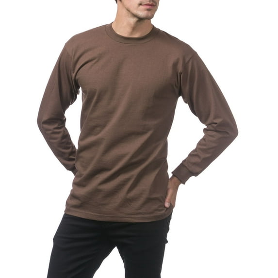 Pro Club Men's Heavyweight Cotton Long Sleeve Crew Neck T-Shirt-BRN-XL