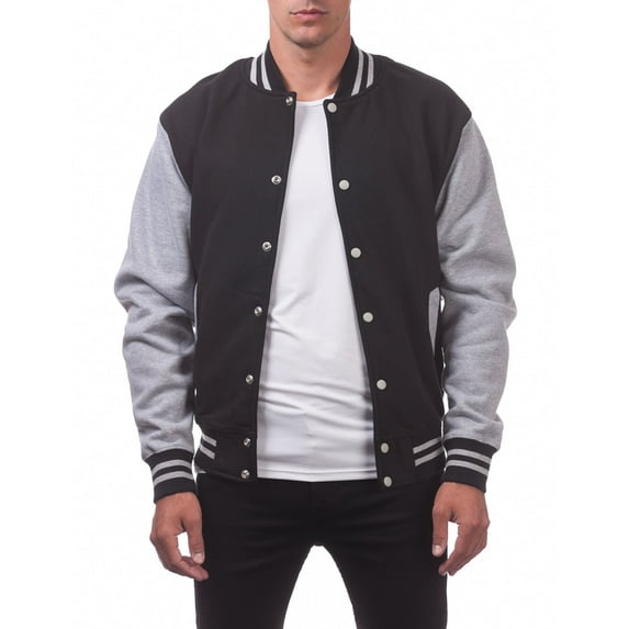 Pro Club Men's Varsity Heavyweight Fleece Baseball Jacket - Black/Heather Gray - Medium