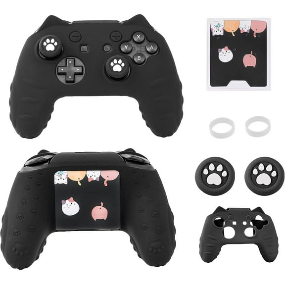 Game Controller Skin for Switch Pro Control, Cute Cat Paw Gamepad Protective Case with Joystick Thumb Grip Caps and Stickers-Black
