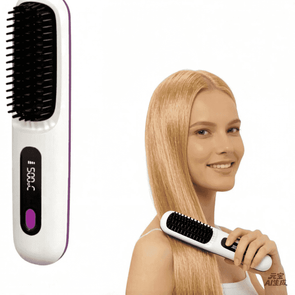 Pro Cordless Hair Straightener Brush | 300M Negative Ionic Anti-Frizz Technology | 3 Adjustable Temperature Settings with LCD Display | Ultra-Portable Travel Styling Comb for All Hair Types（White）