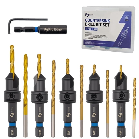 Pro Edge 12PCS Countersink Drill Bit Set, #4, #6, #8, #10, #12 with 5 HSS Wood Drill Bit for Replacement & Magnetic Extension Bit Holder & Hex Wrench Adjustable Depth Pilot Hole with Storage Box