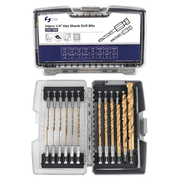 Pro Edge 24 Pcs Hex Shank Drill Bit Set for Impact Driver, Anti-Walking 135-Degree Tip, HSS Twist Titanium Drill Bits for Metal, Steel, Wood Plastic, with Storage Case (1/16"-1/2")