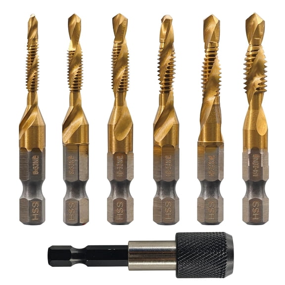 6Pcs Combination Drill and Tap Set 1/4" Hex Shank SAE 6-32NC to 1/4-20NC | HSS Titanium Coated Threading Tap Bit Kit for Screw Thread Tapping Work on Wood and Plastic