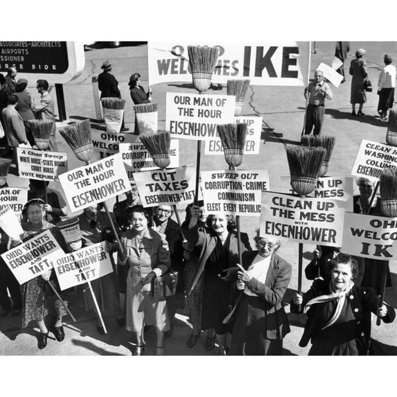 Pro-Eisenhower Demonstrators With Posters On Household Brooms. Signs Read History (36 x 24)