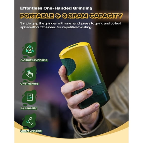 Pro Electric Kitchen Grinder Automatic 3g Portable Spice Mill, Battery Powered Rechargeable Grinder For Kitchen Grinding up to 3 Grams - Gradient Green