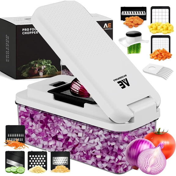 Pro Food Chopper - Premium 9 in 1 Vegetable Chopper with 7 Interchangeable Blades, Fruit Slicer, Vegetable chopper with Container and Lid, Kicthen Essentials