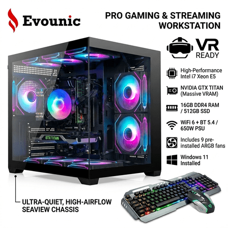 Pro Gaming Desktop PC,Intel i7 Xeon E5, GTX TITAN, 16GB DDR4, 512GB SSD,1TB HDD,WiFi6 BT5.4,9Argb Fan, 650W, Win11, for 1080p Gaming, Streaming