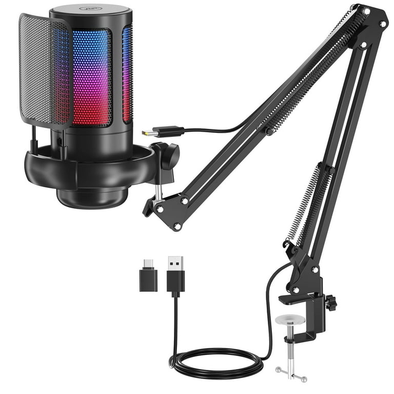 Pro Gaming USB Microphone Noise Cancellation Condenser mic with Mute Gain Monitoring Boom Arm Gaming USB Microphone for Streaming Podcast