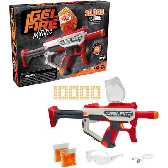 Pro Gelfire Mythic Full Auto Blaster & 10,000 Gelfire Rounds, 800 Round Hopper, Rechargeable Battery, Eyewear, Ages 14 & Up