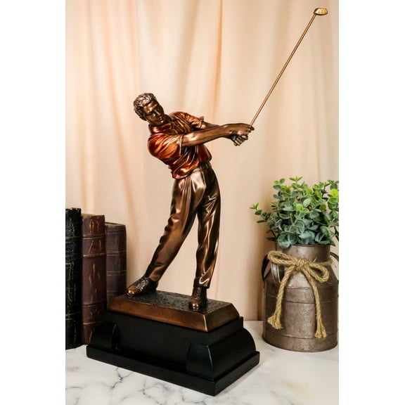 Pro Golfer Swinging Golf Club Bronze Electroplated Statue With Trophy Base 17" H