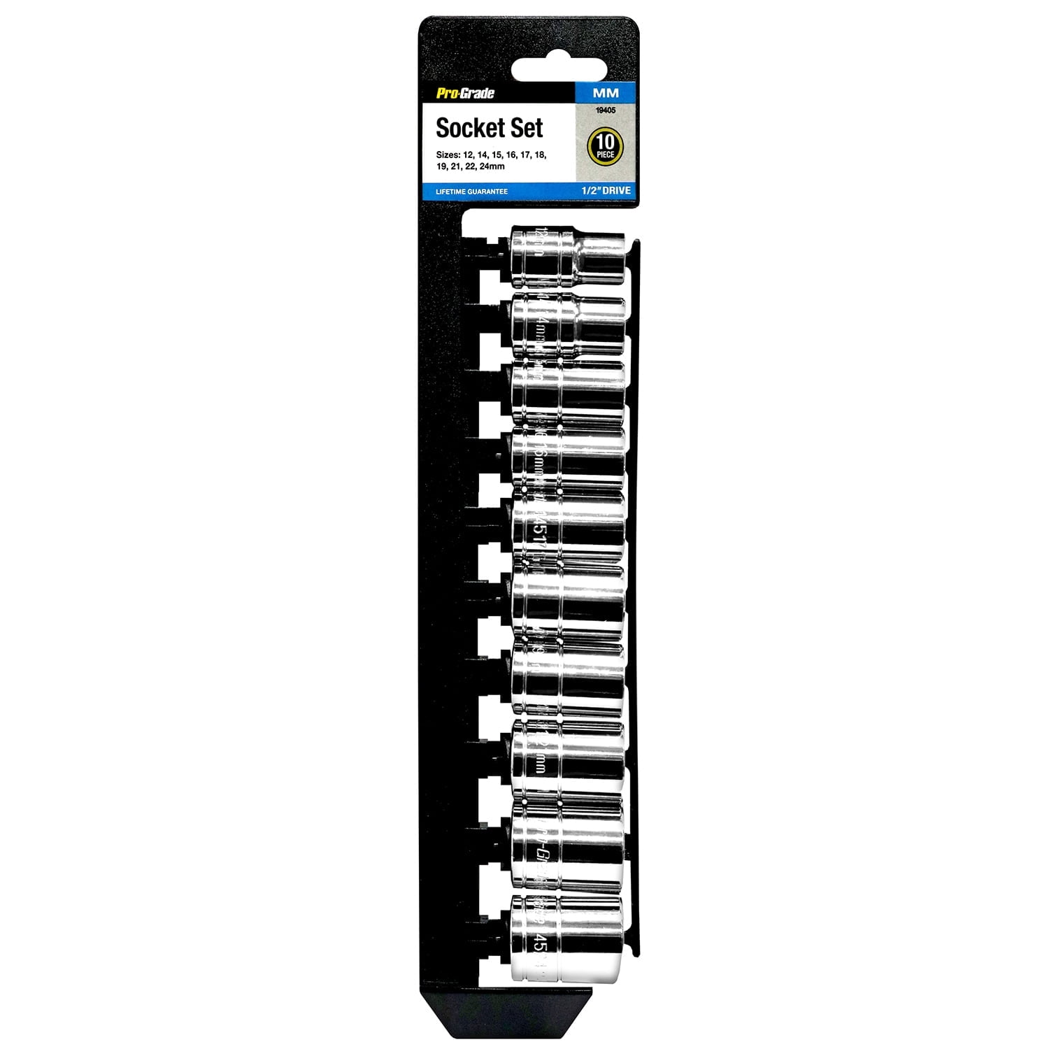 Pro-Grade 10pc 1/2" Metric Socket Set w/ Rail, Chrome Vanadium, Nickel Chrome, 19405