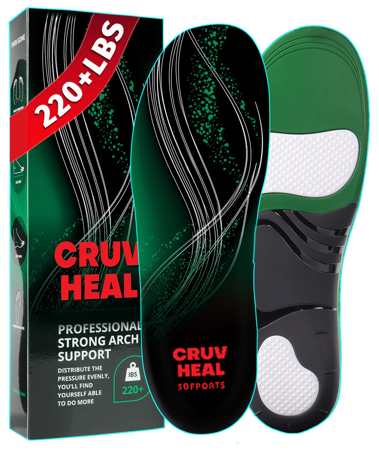 (Pro Grade) 220+ lbs Plantar Fasciitis High Arch Support Insoles Men