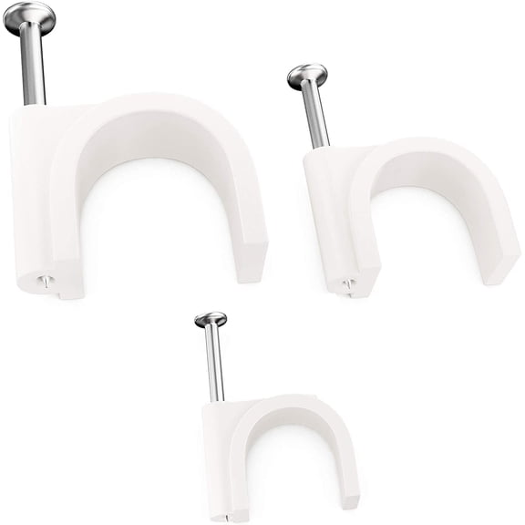 Pro-Grade, Cable Clips with Steel Nails 5mm, 7mm, 9mm Wire Holders and Tacks 100 Per Size. Durable, UV Resistant Plastic Clips Help Organize Coax, Ethernet, Cat5, Cat6 and Other Cords.