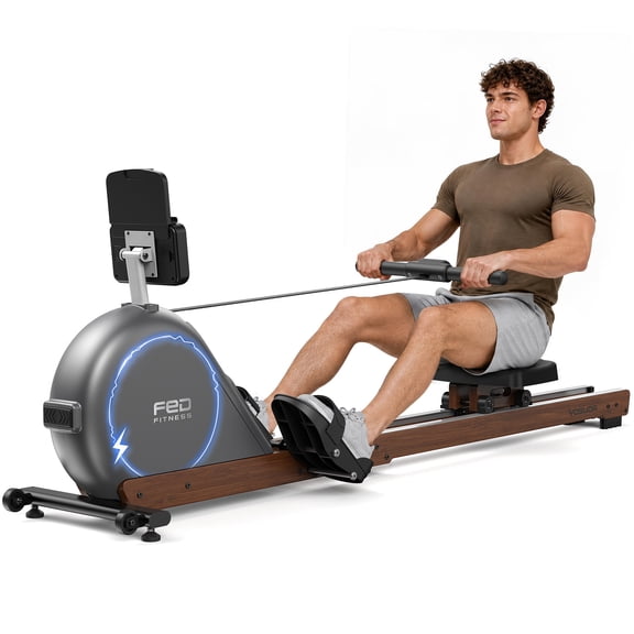 Foldable Magnetic Rowing Machine with Aluminum Rail Bamboo, Self-Generating Electricity, 32‑Level 132lbs Resistance, 400LBS Capacity, 53in Slide Rail, Pro-Grade Rowing Machine