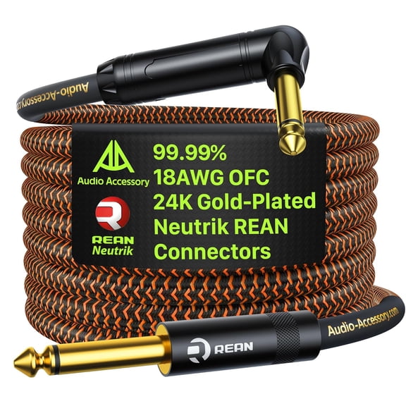 Pro Guitar Cable 25 ft, Gold-Plated Neutrik REAN Connector, 18 AWG OFC, Braided 1/4 Inch Instrument Cable for Fender Electric Bass Guitar Combo Amp Rumble Marshall, Right Angle, Neon Orange/Black