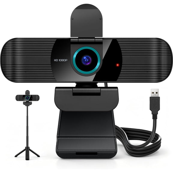 Pro HD 1080p/30fps Webcam with Tripod, External USB Camera for PC/Laptop | Dual noise-cancelling mics | Auto-focus | Wide-angle | Low-light correction | 360 rotation | CMOS sensor | Plug and Play
