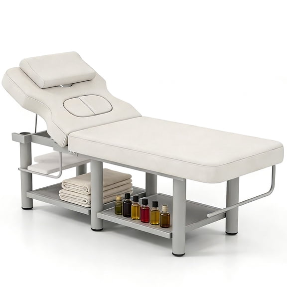 Pro Heavy Duty Stationary Massage Treatment Table,Salon Beauty Facial Bed Adjustable Backrest with Open-Chest,Headrest Metal Frame PU Leather for Spa,Tattoo,Esthetician(White)