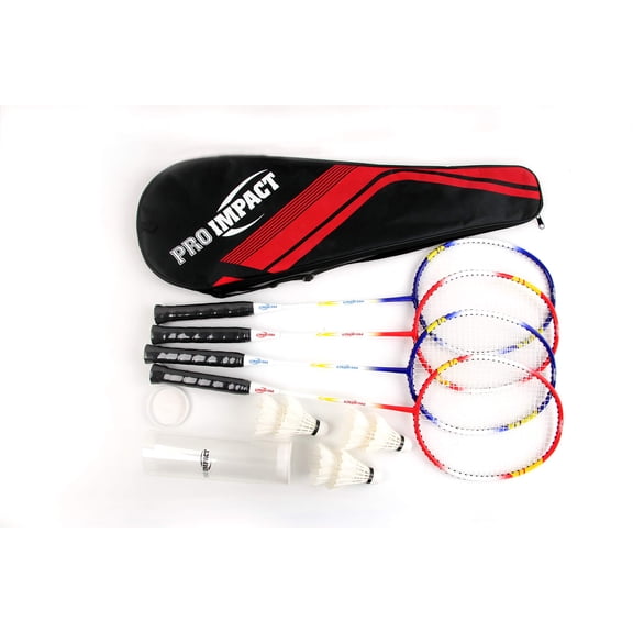 Pro Impact Badminton Racket Set - Aluminum Head with Steel Shaft - Includes Lightweight Rackets & Feather Shuttlecocks with Carrying Case - Outdoor Games for Adults and Family