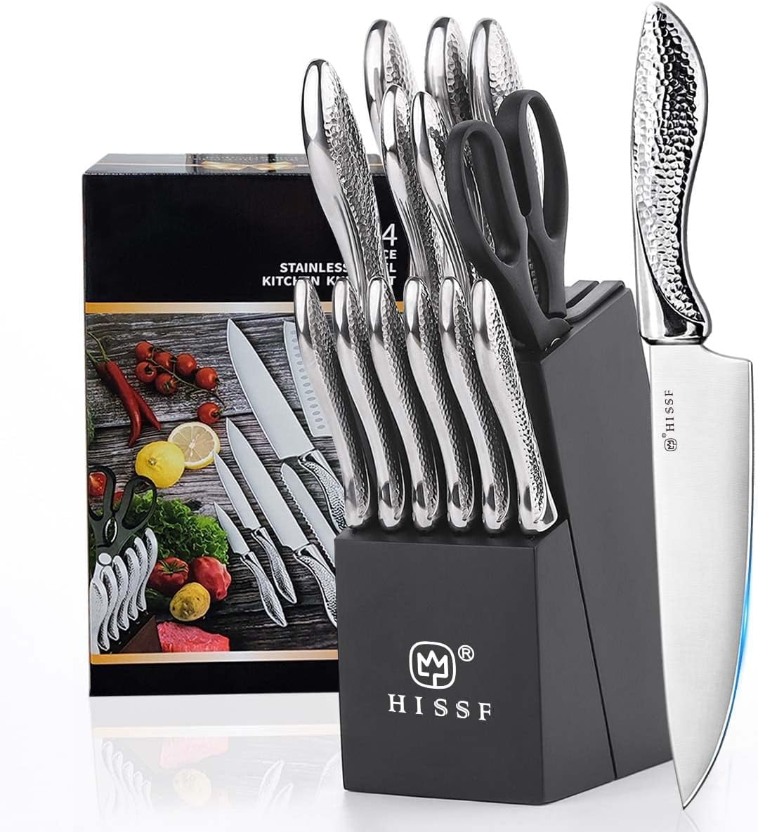 BLASIVE Knife Set for Kitchen with Block 14 Piece Kitchen Knife Set with Built-in Sharpener