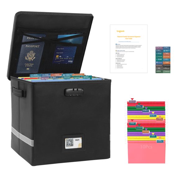 Pro Large Next of Kin Box Organizer with 50-Page Family Document Guide, Fireproof Foldable File Organizer with Combination Lock, 10 Hanging Files and 115 Category Labels (15.7"L×12.2"W×10.6"H)