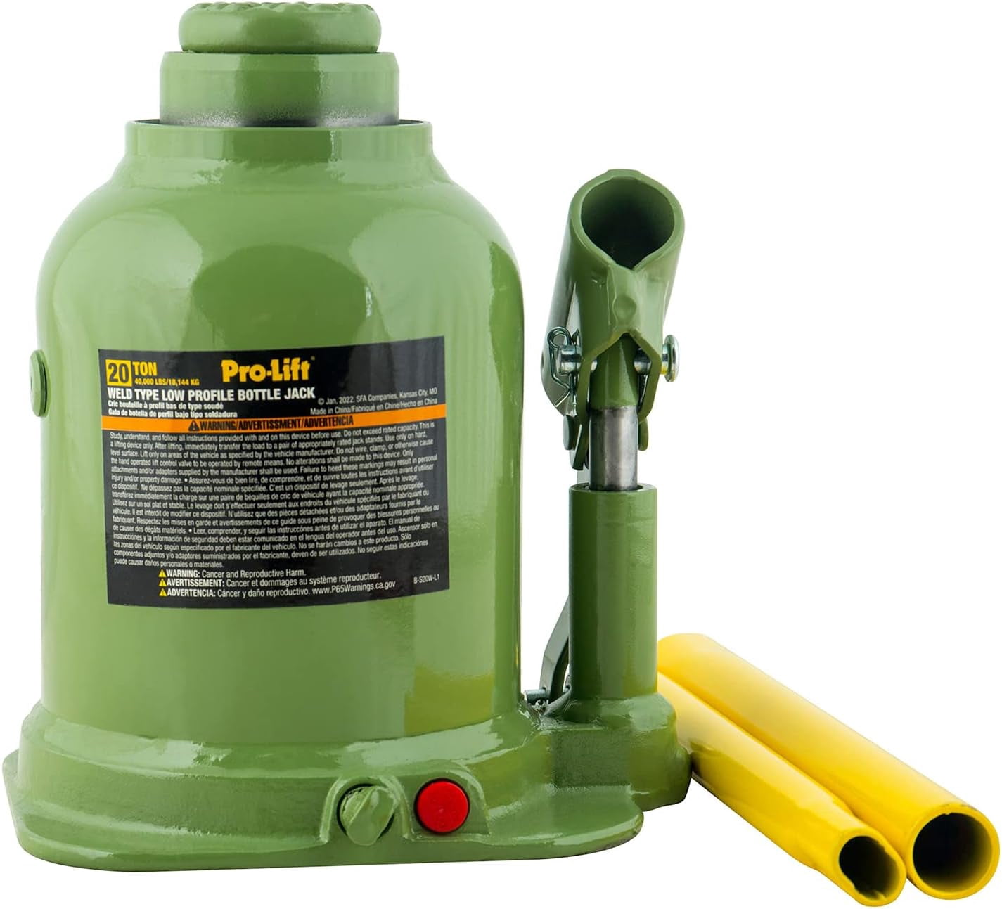 Pro-Lift B-S20W Welded Bottle Jack 20 Ton - Low Profile (40,000 Lbs) Capacity Hydraulic Lifting with Side Pump Two-Piece Handle