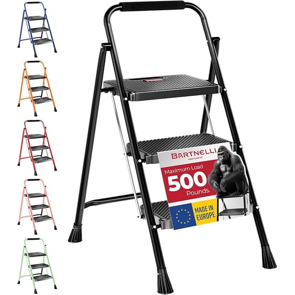 Pro Luxury Step Ladder | European Made 3 Step Foldable Step Stool for Home | Rock-Solid 500 lb Capacity,Built to Last with Highest-Grade Sturdy Steel Construction,Soft Handle, Anti-Slip Feet