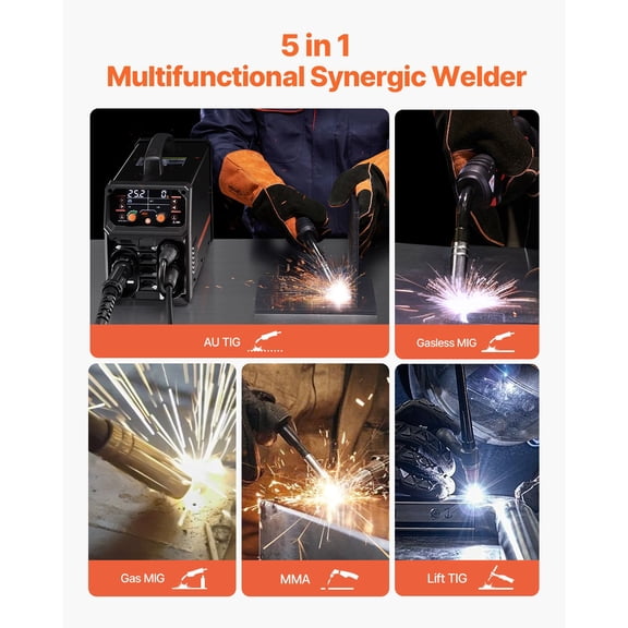 Pro MIG Welder 200A Pulse Mig Welding Machine 5-in-1 Synergic MIG Pulse Gas MIG Flux Core MIG Stick Lift TIG 110V 220V Dual Voltage Aluminum Welder with LCD Screen Display