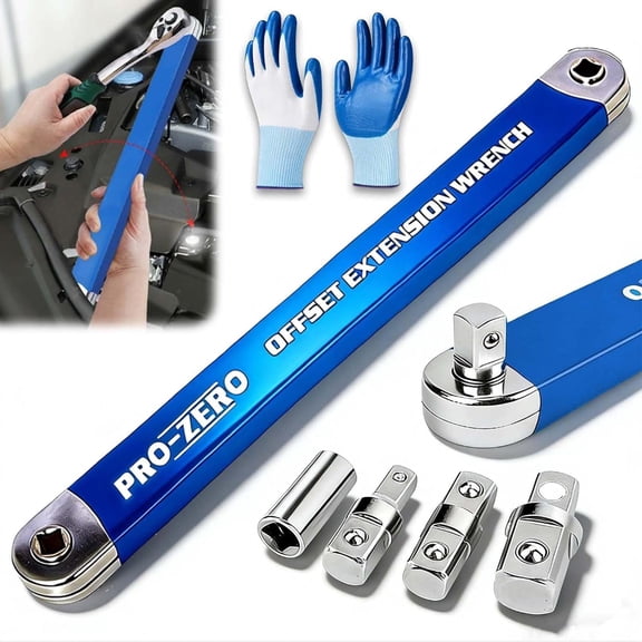 Pro - Offset Extension Wrench, Heavy Duty Pro Zero Offset Extension Wrench Impact with 1/2", 1/4" & 3/8" Drive Adapters, Zero Degree Ratchet Tool for Car (1 Set)
