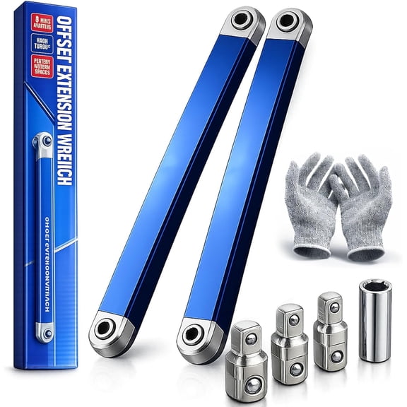 Pro - Offset Extension Wrench Set, 15-Inch Impact Ready Tight Reach Tool with 1/4", 3/8" & 1/2" Drive Adapters - High Torque Zero Offset Ratchet Extender for Automotive & Hard-to-Reach Spaces