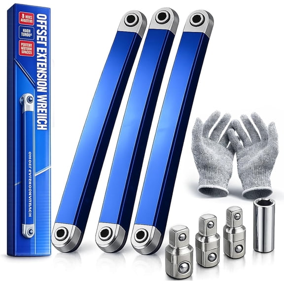 Pro - Offset Extension Wrench Set, 15-Inch Impact Ready Tight Reach Tool with 1/4", 3/8" & 1/2" Drive Adapters - High Torque Zero Offset Ratchet Extender for Automotive & Hard-to-Reach Spaces (3PC)