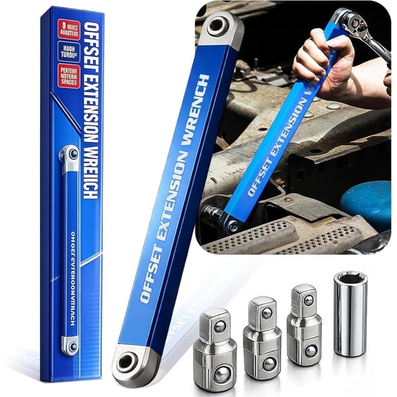 Pro - Offset Extension Wrench Set, 15-Inch Offset Extension Wrench Impact with 1/2", 1/4" & 3/8" Drive Adapters - High Torque Zero Offset Ratchet Extender for Automotive & Hard-to-Reach Spaces (1Set)