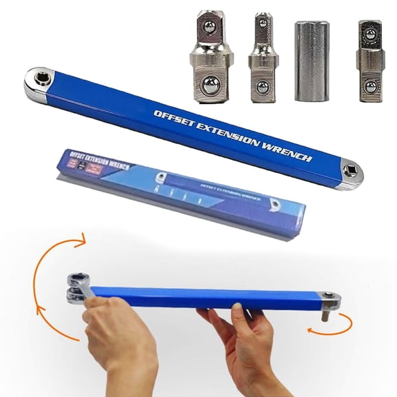 Pro Offset Extension Wrench Set, Heavy Duty Reinforced Steel Tight Reach Wrench with 1/4", 3/8", 1/2" Square Drive Adapters for Automotive Repair