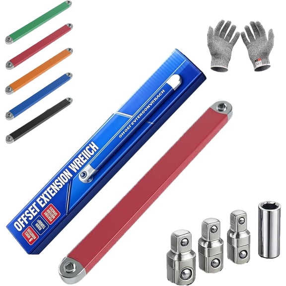 Pro Offset Extension Wrench, Zero Offset Impact-Ready Tight Reach Tool with 1/4", 3/8" & 1/2" Square Drive Adapters, High-Carbon Steel Universal Ratchet Extension for Repair (Red, 1 Set)