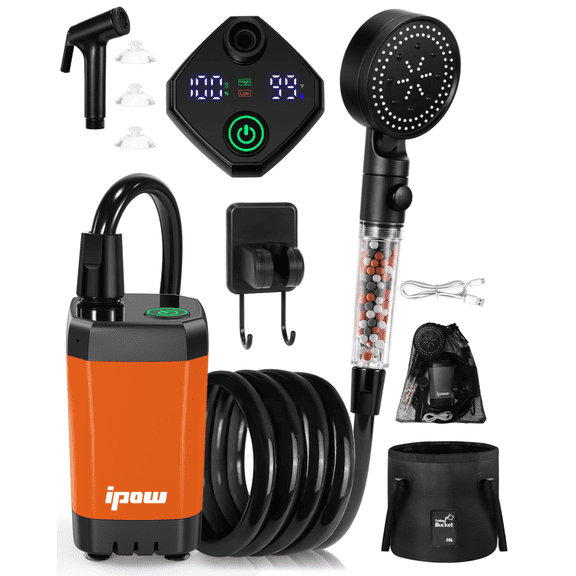 Pro Portable RV Camping Shower - 6000mAh 6 Spray Modes | 20L Water Bag | LED Display with 3-in-1 Hook| RV Pet Bath Car Wash Beach Gardening | Compact Rechargeable RV Shower Kit Travel Accessories