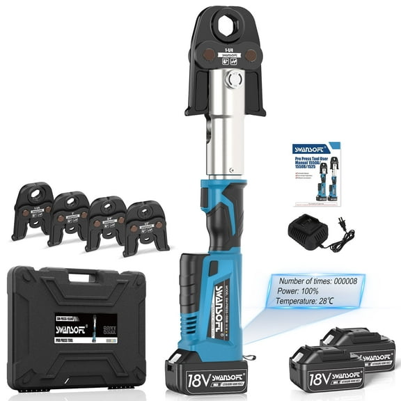 SWANSOFT 32KN 18V Hydraulic Pro Press Tool Kit, Electric Copper Pipe Crimper with 4 Jaws (1/2", 3/4", 1", 1-1/2") & 4.0Ah Battery for Plumbing Work