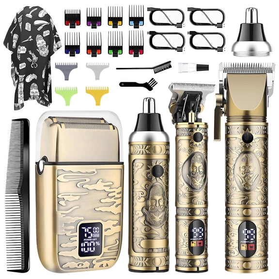 Rirool Hair Clipper Kit for Men, Professional Cordless Grooming Kit with Zero Gap T-Blade Trimmer, Foil & Nose Trimmer, 12 Guide Combs, LCD Display, 150-Min Runtime, Bronze