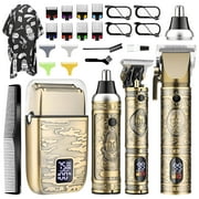 Rirool Professional Cordless Hair Clippers for Men - Zero Gap T-Blade Trimmer, Nose/Foil Shaver, 12 Guide Combs, LCD Display, 150min Runtime, Travel Case - Barber Kit for Home & Gifts Bronze