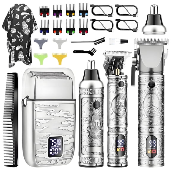 Rirool Hair Clipper Kit for Men, Professional Cordless Grooming Kit with Zero Gap T-Blade Trimmer, Foil & Nose Trimmer, 12 Guide Combs, LCD Display, 150-Min Runtime, Silver