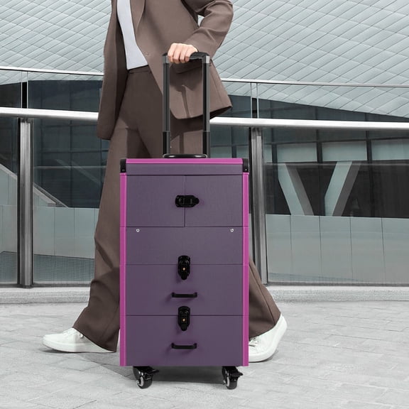 Pro Rolling Aluminum Makeup Train Case Salon Cosmetic Trolley Organizer Box Purple