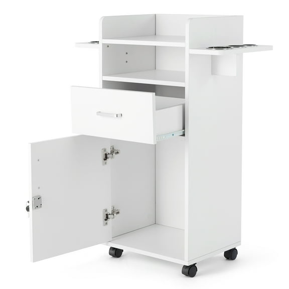 Pro Salon Beauty Trolley Station Rolling Cart Hair Styling for Barber Shop w/Drawer,Cabinet,Wheels,Tool Holders(White)