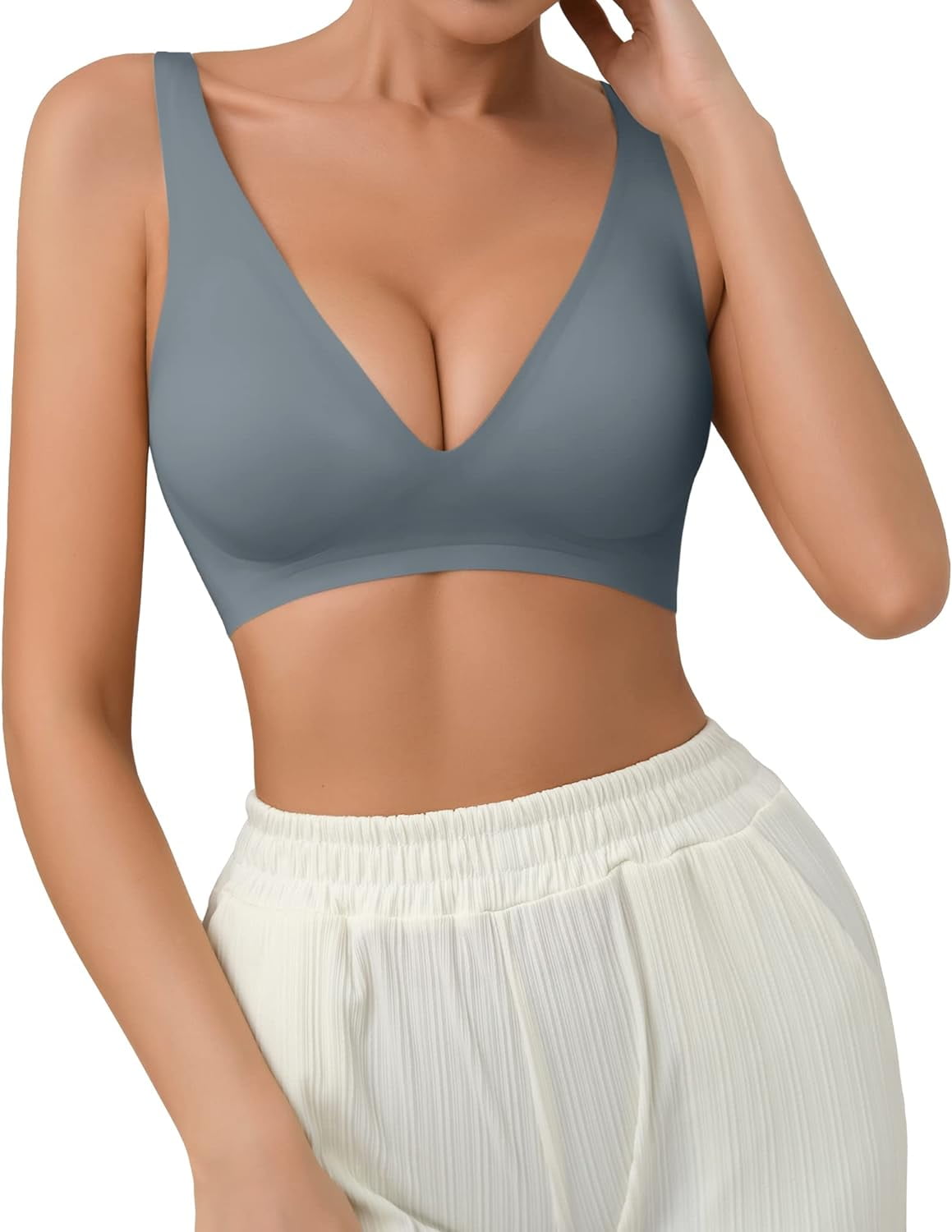 Pro Seamless Bra for Women Deep V Neck Wirefree Bra Adjustable Strap Comfort Sleep Bra Removable