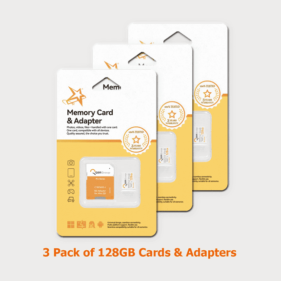 QSRGroup Pro Series 128 GB Micro SDXC Flash Memory Card with Adapter, U3 Class10 V30 UHS-I, 3 Pack