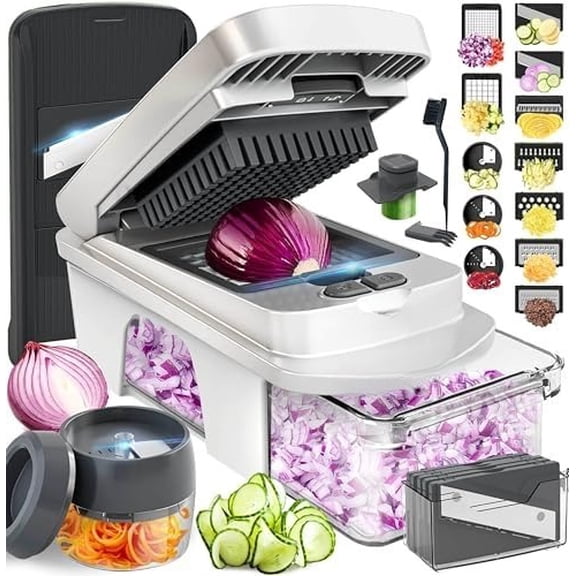 Pro-Series All-in-One, 12 Blade Mandoline Slicer for Kitchen, Food Chopper, Vegetable Slicer and Spiralizer, Cutter, Dicer, Grater, Kitchen Gadgets Sets with Container, White Sand/Gray