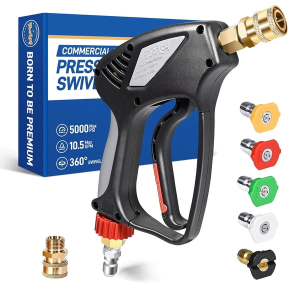 Pro Short Pressure Washer Gun 5000 PSI with 360 Swivel,3/8" Quick Connect Inlet, Power Washer Gun with 1/4" Quick Connect Outlet, Includes 3/8" QC to M22-14mm Adapter & 5 Nozzle Tips