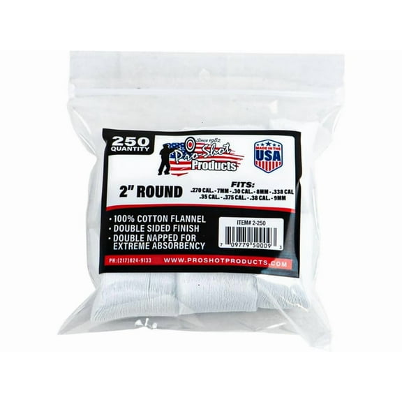 Pro-Shot Cotton Flannel Patches, .270-.38 Caliber, 2 in Round, White, 250