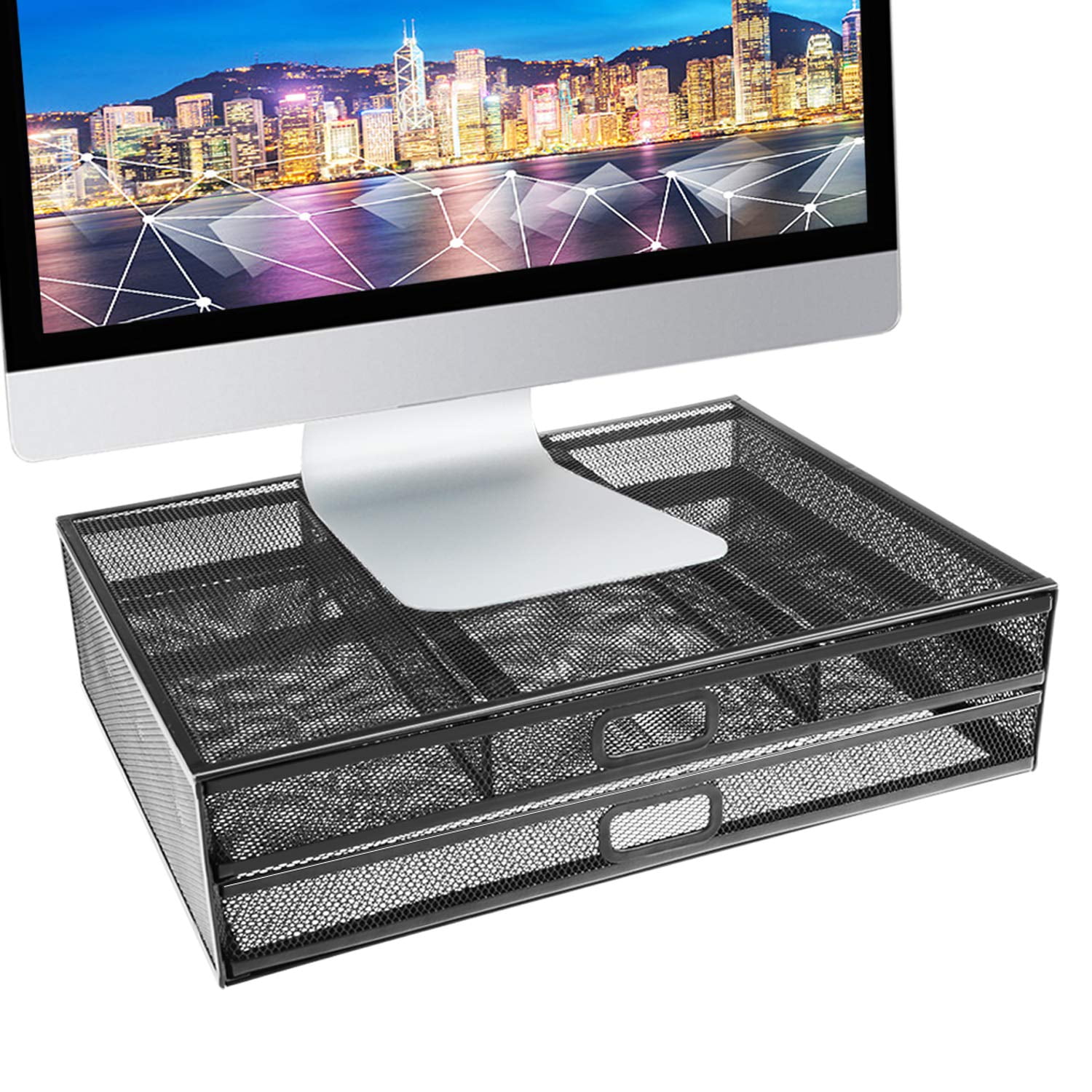 Pro Space Monitor Stand Riser - Dual Stack Pull Out Storage Drawer Mesh ...