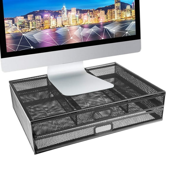 Pro Space Monitor Stand Riser - Dual Stack Pull Out Storage Drawer Mesh Metal Desk Organizer Compatible with Computer Monitor, Laptop, Printer, Notebook, iMac - Holds up to 33 lbs