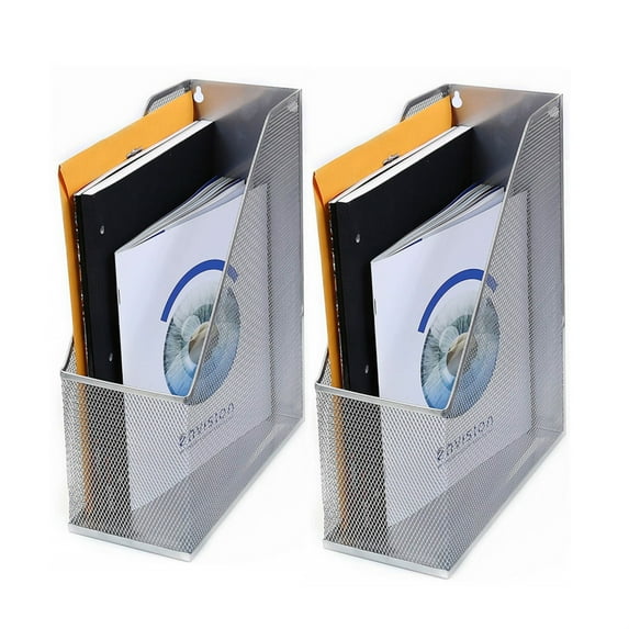 Pro Space Wall Mount File Holder Organizer Steel Mesh Magazine Rack Storage Container for Home Office and Work Desktops, 2 Pack, Silver